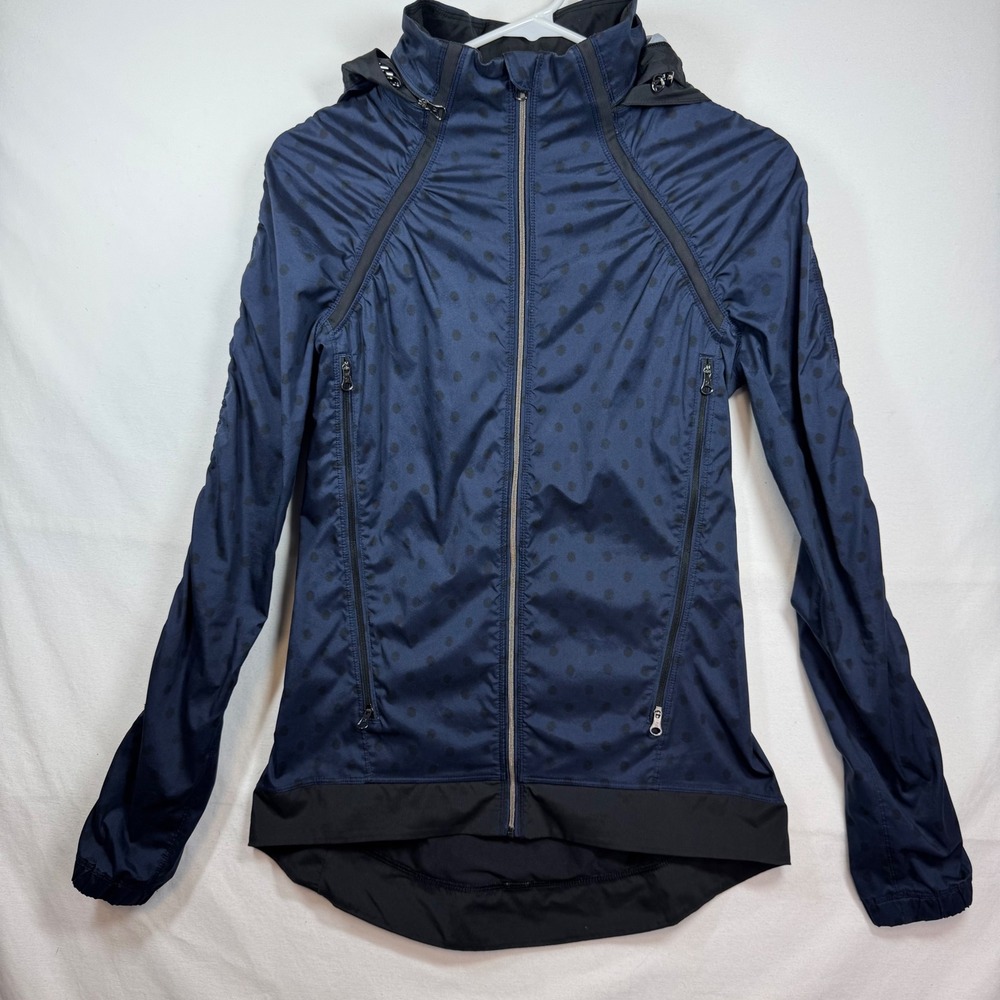 Lululemon Gather & Sprint‎ Hooded Running Windbreaker Jacket Polka Dot Blue Sz 4